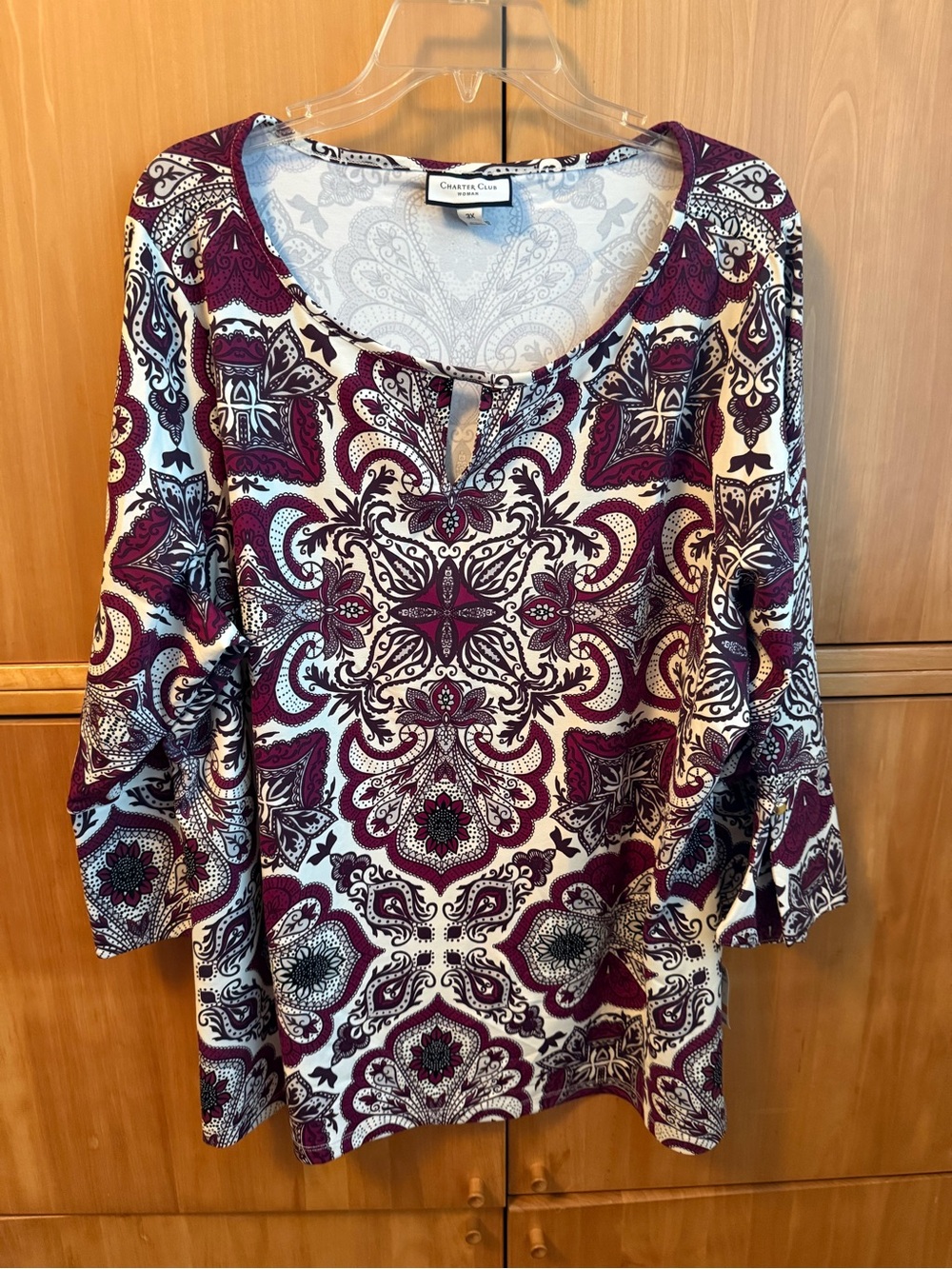 Charter Club White and Purple Paisley Keyhole Scoop Neck Tunic